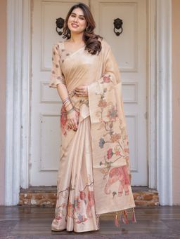 ALMAARI FASHION - Women Beige Handloom Cotton Floral Print Saree with Unstitched Blouse