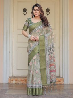 ALMAARI FASHION - Women Green Handloom Cotton Floral Printed Saree with Unstitched Blouse