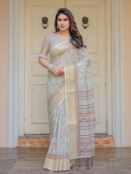 ALMAARI FASHION - Off White Soft and Comfortable Handloom Cotton Printed Saree with Unstitched Blouse
