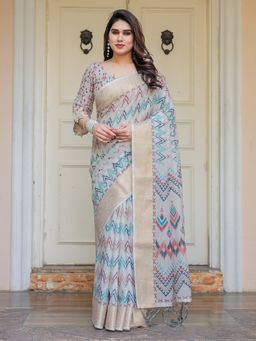 ALMAARI FASHION - Women Grey Ethnic Handloom Cotton Printed Saree with Unstitched Blouse