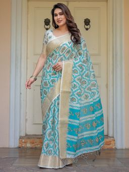 ALMAARI FASHION - Women Blue Traditional Printed Handloom Cotton Saree with Unstitched Blouse