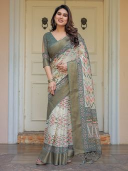 ALMAARI FASHION - Women Cream Stylish Handloom Cotton Printed Saree with Unstitched Blouse