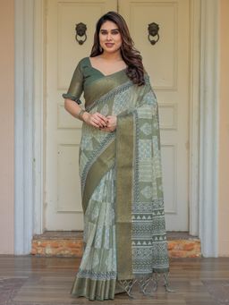 ALMAARI FASHION - Women Green Lightweight Handloom Cotton Printed Saree with Unstitched Blouse