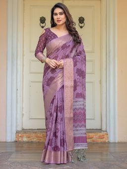 ALMAARI FASHION - Women Lavender Ethnic Handloom Cotton Floral Printed Saree with Unstitched Blouse