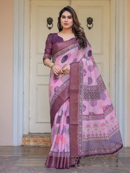 ALMAARI FASHION - Women Pink Classic Handloom Cotton Printed Saree with Unstitched Blouse