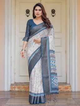 ALMAARI FASHION - Women Off White Designer Handloom Cotton Printed Saree with Unstitched Blouse