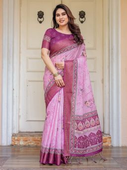ALMAARI FASHION - Women Pink Soft Handloom Cotton Floral Printed Saree with Unstitched Blouse