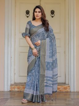 ALMAARI FASHION - Women Blue Traditional Handloom Cotton Printed Saree with Unstitched Blouse