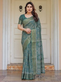 ALMAARI FASHION - Women Green Elegant Handloom Cotton Printed Saree with Unstitched Blouse