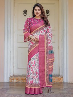 ALMAARI FASHION - Women Pink Handloom Cotton Leaf Printed Saree with Unstitched Blouse