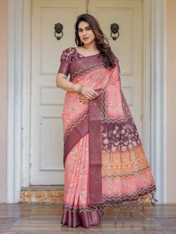 ALMAARI FASHION - Women Peach Handloom Cotton Floral Printed Saree with Unstitched Blouse