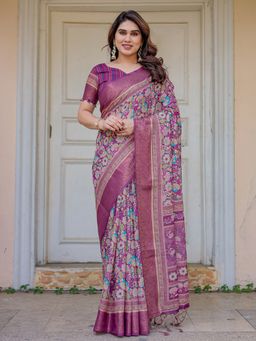 ALMAARI FASHION - Women Purple Handloom Cotton Floral Printed Saree with Unstitched Blouse