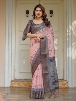 ALMAARI FASHION - Women Peach Ethnic Handloom Cotton Paisley Printed Saree with Unstitched Blouse