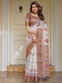 ALMAARI FASHION - Women white Traditional Printed Handloom Cotton Saree with Unstitched Blouse
