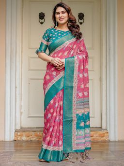ALMAARI FASHION - Women Pink Stylish Handloom Cotton Floral Printed Saree with Unstitched Blouse