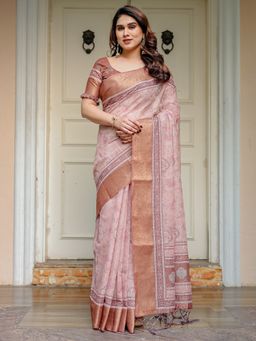 ALMAARI FASHION - Women Peach Lightweight Handloom Cotton Printed Saree with Unstitched Blouse