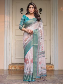 ALMAARI FASHION - Women Off White Classic Handloom Cotton Floral Design Saree with Unstitched Blouse
