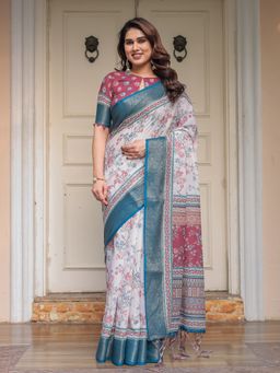 ALMAARI FASHION - Women White Designer Handloom Cotton Floral Printed Saree with Unstitched Blouse