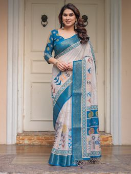 ALMAARI FASHION - Women Blue Soft Handloom Cotton Printed Saree with Unstitched Blouse