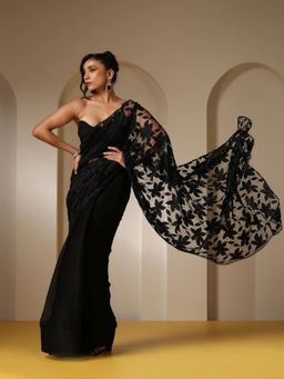Swtantra - Black Night Bird Net Saree with Unstitched Blouse