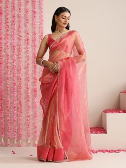 Swtantra - Pink Magic Saree - Metallic Chiffon Drape with Lace Border and Unstitched Blouse