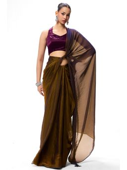 Swtantra - Gold Purple Metallic Satin Saree with Purple Plush with Unstitched Blouse
