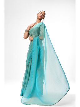 Swtantra - Aqua Blue Gold Chiffon Sabya Grey Gold Jacquard Saree with Readymade Stitched Blouse