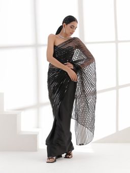 Swtantra - Black Impression Net saree with Unstitched Blouse