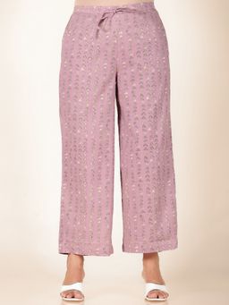 ARAMYA - Women Purple Cotton Abstract Wide Palazzo