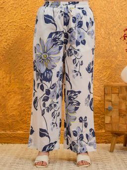 ARAMYA - Women White Cotton Floral Wide Palazzo
