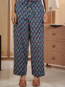 ARAMYA - Women Blue Cotton Floral Wide Pant