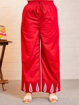 ARAMYA - Women Red Cotton Solid Wide Pant