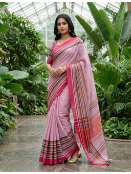 Ushvii - Women Pink Striped Dhaniakhali Saree without Blouse