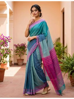 Ushvii - Women Aqua Colorblock Dhaniakhali Saree without Blouse