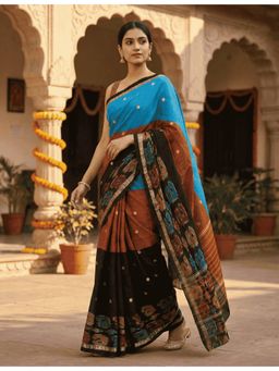 Ushvii - Women Black Colorblock Dhaniakhali Saree without Blouse