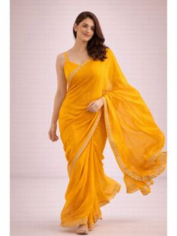 KAYOMMI - Women Yellow Georgette Embellished Border Ready To Wear Saree with Unstitched Blouse
