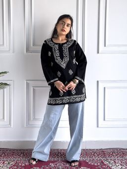 Poshak Chikan Studio - Women Hand-Embroidered Lucknowi Black Chikankari Cotton Short Kurti