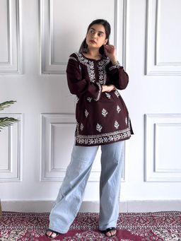 Poshak Chikan Studio - Women Hand-Embroidered Lucknowi Brown Chikankari Cotton Short Kurti