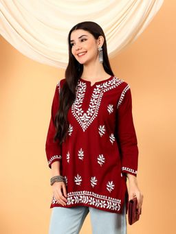 Poshak Chikan Studio - Women Hand-Embroidered Lucknowi Maroon Chikankari Cotton Short Kurti
