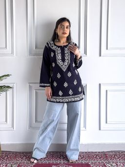Poshak Chikan Studio - Women Hand-Embroidered Lucknowi Navy Blue Chikankari Cotton Short Kurti