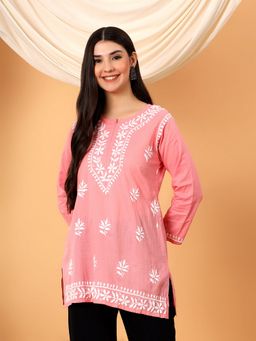 Poshak Chikan Studio - Women Hand-Embroidered Lucknowi Pink Chikankari Cotton Short Kurti