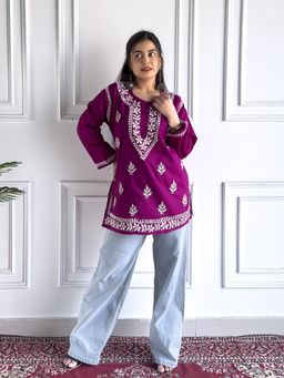Poshak Chikan Studio - Women Hand-Embroidered Lucknowi Purple Chikankari Cotton Short Kurti