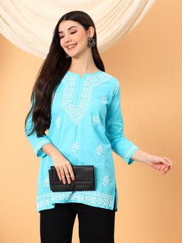 Poshak Chikan Studio - Women Hand-Embroidered Lucknowi Blue Chikankari Cotton Short Kurti