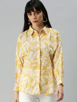 SHOWOFF - Women Slim Fit Kimono Sleeves Yellow Abstract Shirt