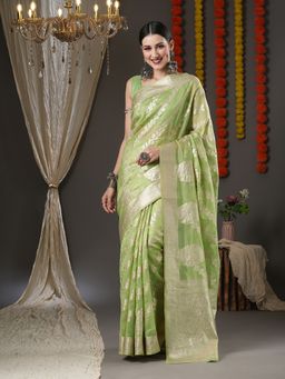Akhilam - Womens Organza Green Woven Design Designer Saree with Unstitched Blouse