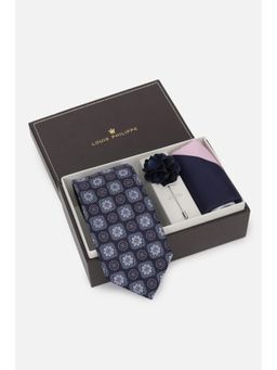 Louis Philippe - Men Navy Blue Embroidered Tie With Pocket Square & Lapel Pin