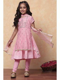 Biba - Pink Chanderi Printed Anarkali Kurta with Churidar and Dupatta (Set of 3)
