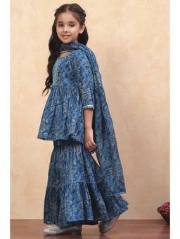 Biba - Blue Cotton Floral Kurta with Sharara and Dupatta (Set of 3)
