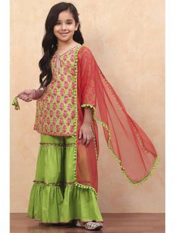 Biba - Green Cotton Floral Kurta with Sharara and Dupatta (Set of 3)