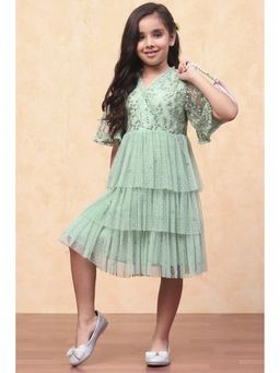 Biba - Green Net Embroidered Knee Length Dress